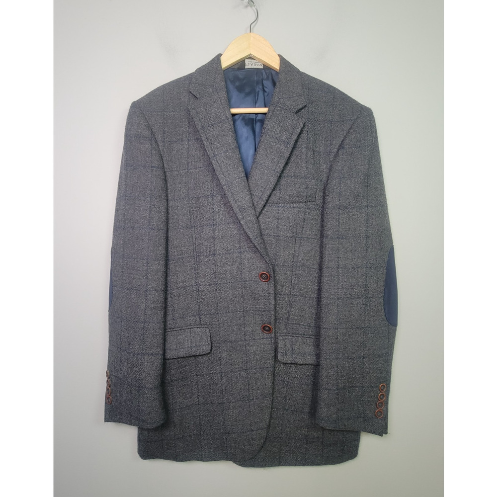 Jos. A. Bank Mens 41R Wool Plaid Elbow Parch Blazer Tailored Fit Gray